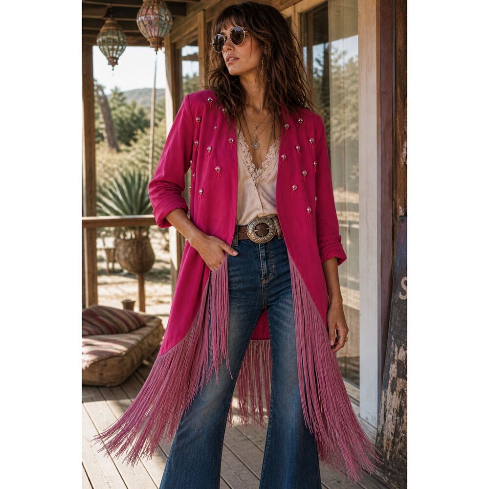 Vintage Embellished Fringe Jacket Boho Statement Duster Beaded Rhinestone M/L